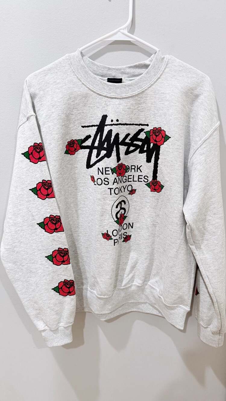 Stussy Rose Graphic Print Crewneck Sweatshirt Grey Medium